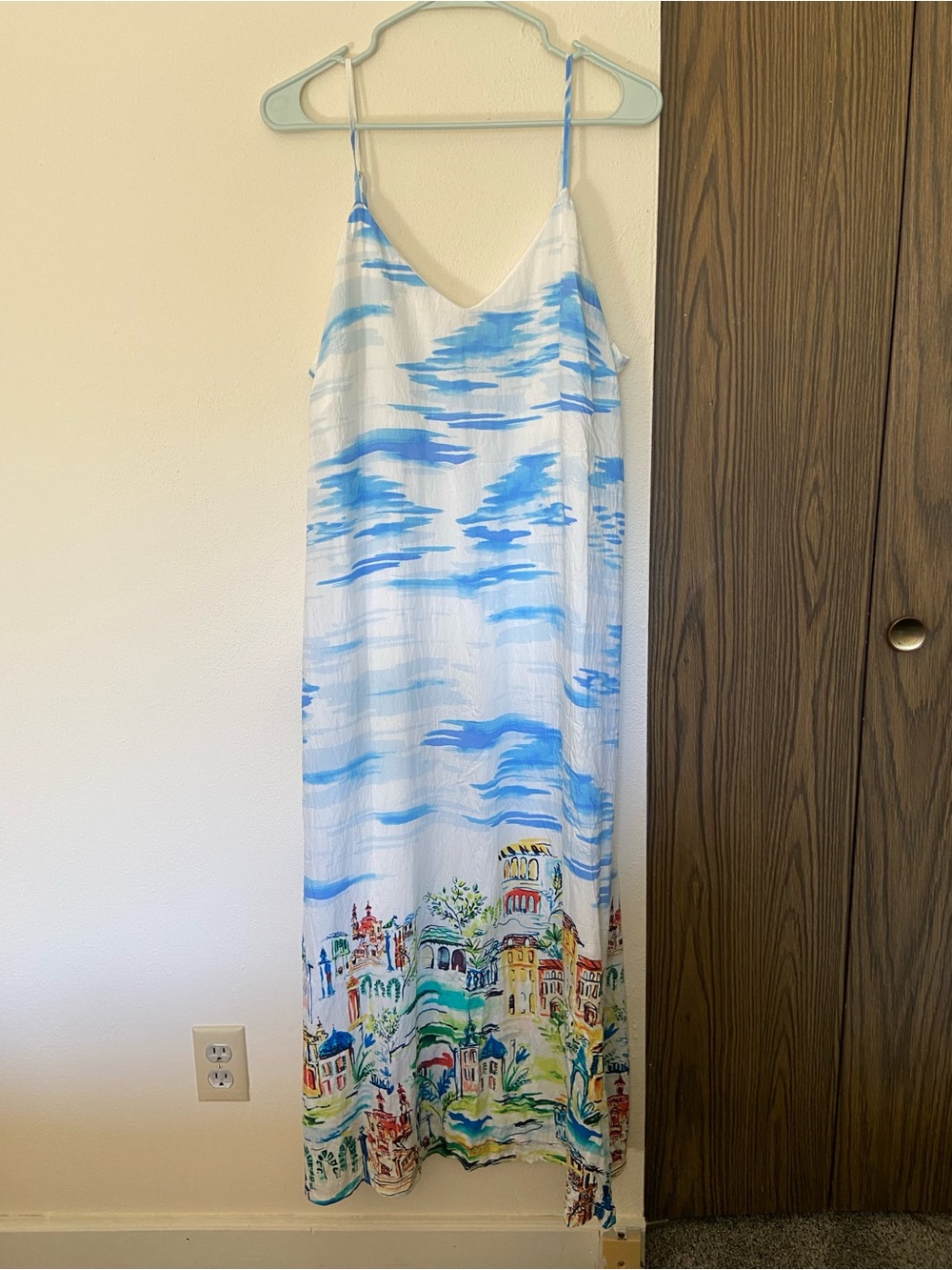 Rachel Zoe White Maxi Slip Dress with Blue Print